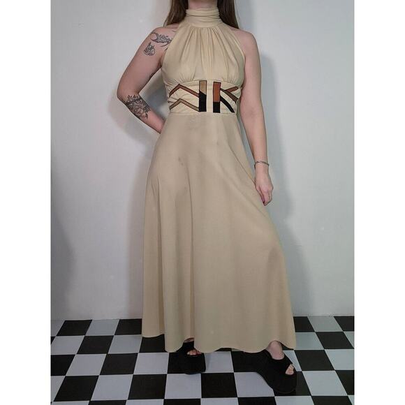 60s 70s Vtg Boho Cream Tan High Neck Maxi Open Back Dress Suede Leather Accent - Picture 4 of 10